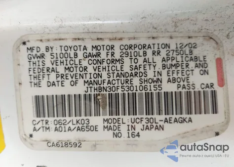 2003 Lexus Ls 430 430 z USA, uszkodzony, nr VIN JTHBN30F530106155